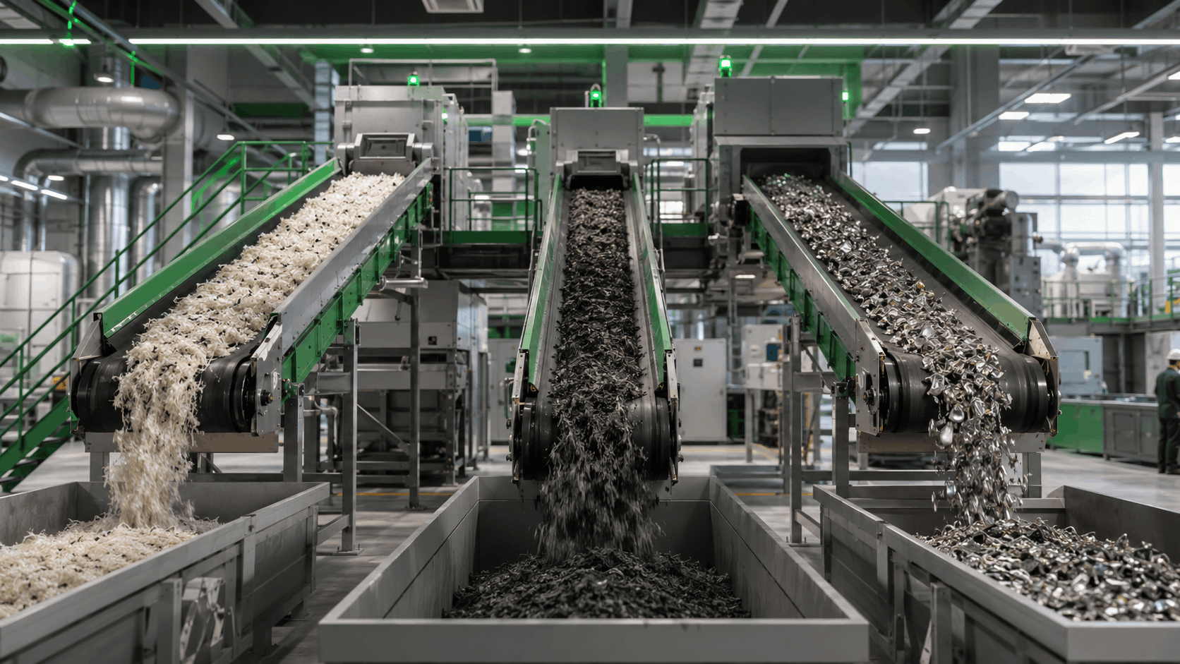 Material separation plant with fiberglass carbon fiber and steel bins